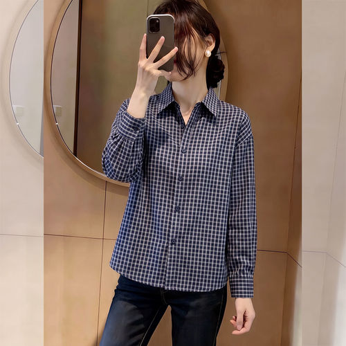 POLO领短款格子长袖衬衫女春秋