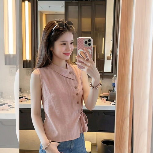 法式粉色无袖衬衫女款2026新款夏季女士独特漂亮巨好看上衣衬衣服