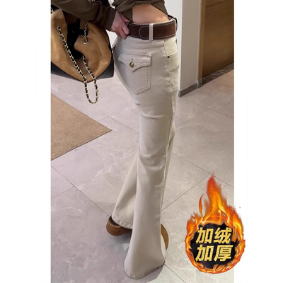 卡其色气质加绒微喇牛仔裤女2025秋冬新款高腰弹力修身喇叭马蹄裤