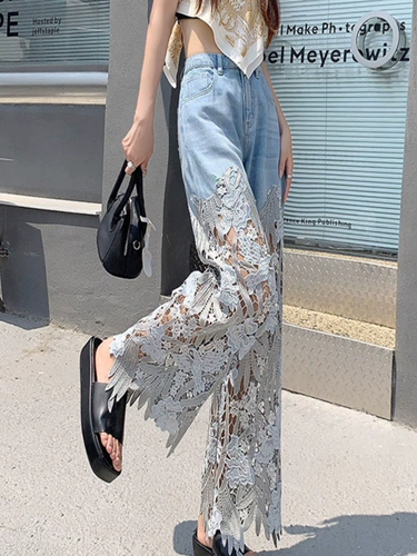 Штаны, кружевные джинсы, высокая талия, 2025 года, свободный прямой крой