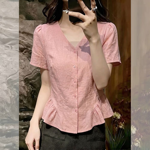 时尚荷叶边短袖衬衫女2026夏季新款洋气显瘦小衫百搭减龄V领上衣