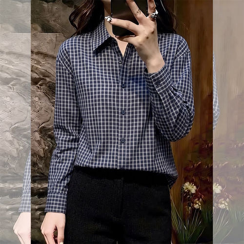 POLO领短款格子长袖衬衫女春秋