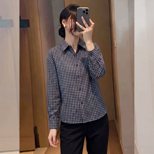 POLO领短款格子长袖衬衫女春秋