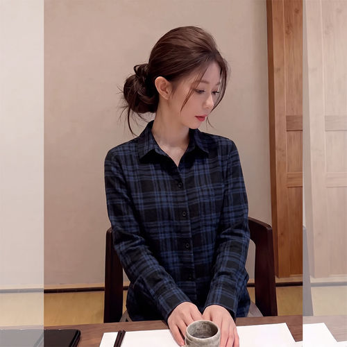 秋季新款格子翻领宽松显瘦衬衫女