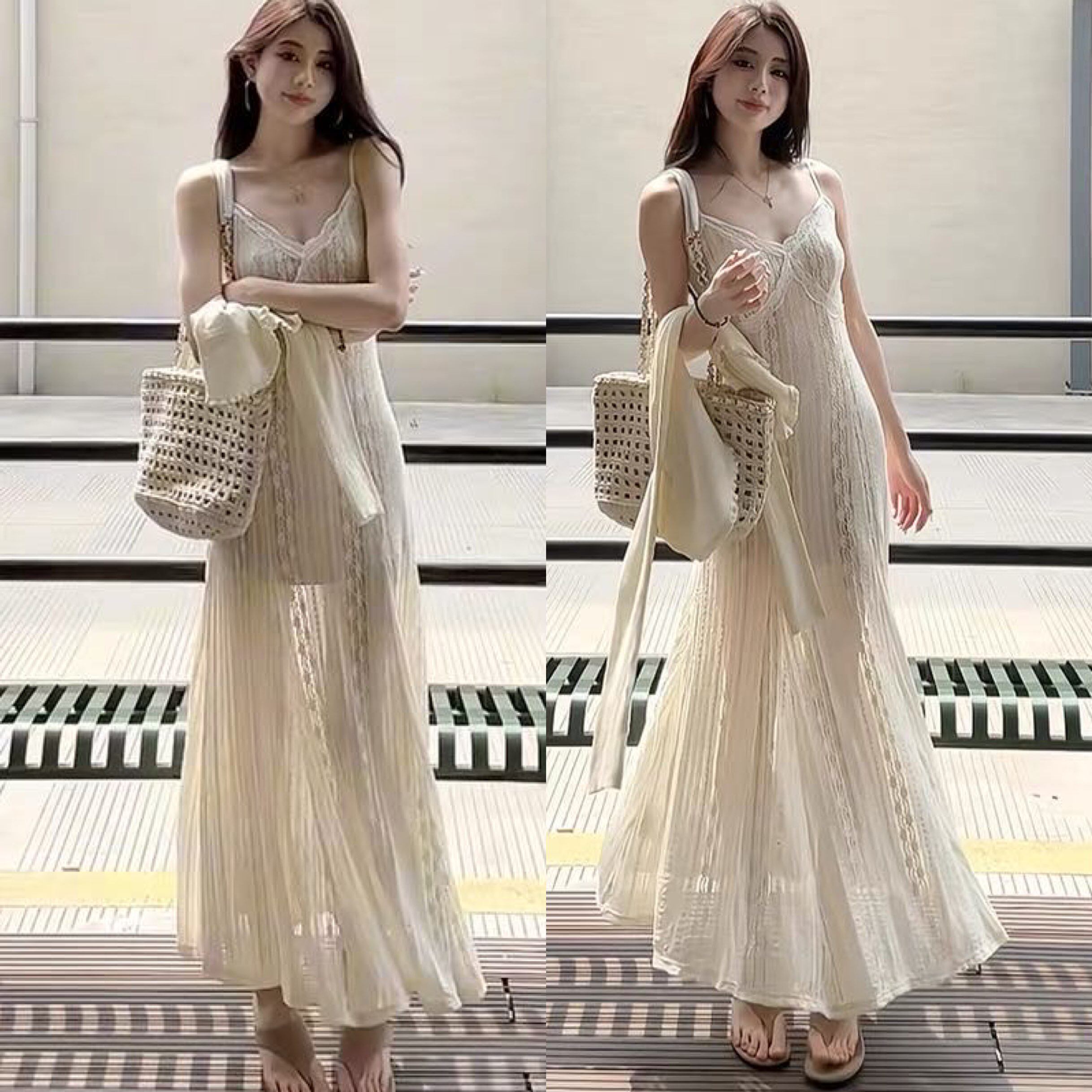 琉璃~清透小性感蕾丝V领吊带长裙 度假海边白色修身连衣裙26夏仙