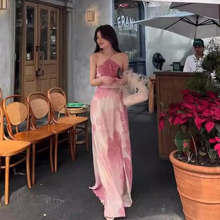 桃花如靥~惊艳别致中式粉色晕染挂脖连衣裙 开叉性感度假露背长裙