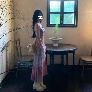 连衣裙 长袖 油画纱长裙 25早春纯欲绝美桃粉蝴蝶晕染修身 桃之夭夭