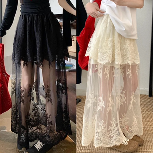 又美又仙~ins风小红薯炸街甜辣妹蕾丝镂空半身裙长裙 网纱唯美裙