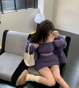 气质小香风针织抹胸A字裙套装 冬甜辣名媛性感小个子紫色毛衣裙子
