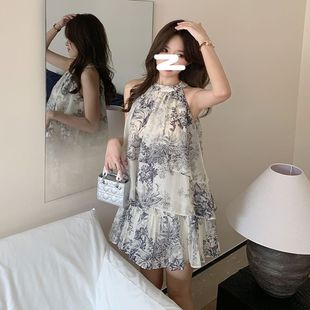 仙女姐姐~夏季新 优雅别致显瘦露肩水墨风连衣裙套装 小个子A字裙