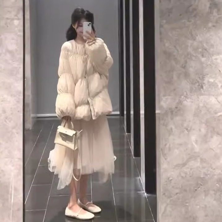 中长款甜妹宽松奶杏色棉服
