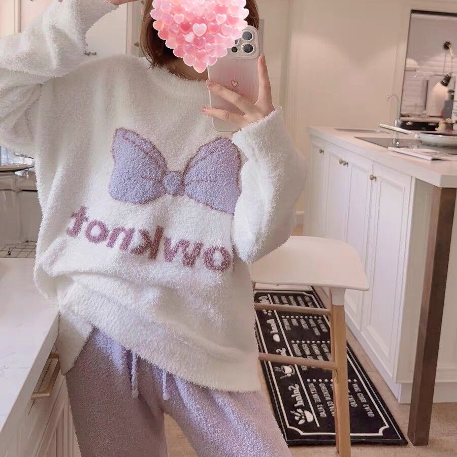 秋冬~软绵绵超好看超时尚甜美小熊卡通蝴蝶结加绒加厚时尚睡衣 女