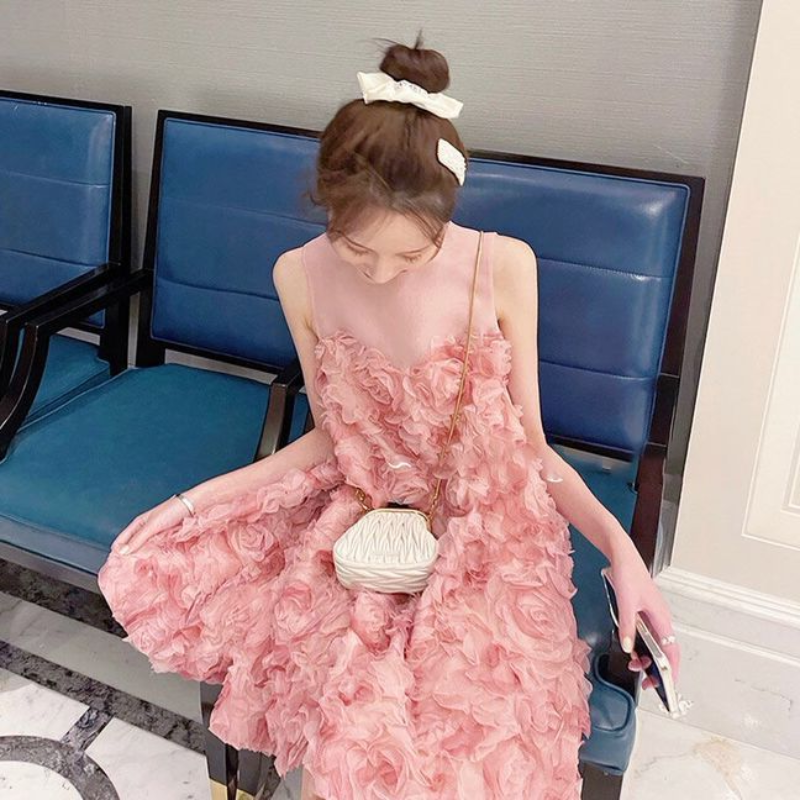 温柔甜美A字裙网纱立体花朵