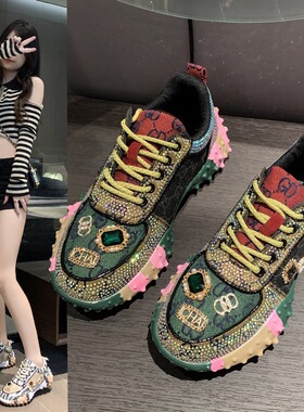 2026新款满钻运动鞋韩版拼色老爹鞋高帮厚底时尚字母休闲外贸单鞋