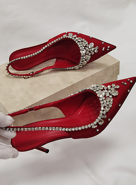 2026秋季新款水钻凉拖鞋尖头高跟婚鞋水晶包头凉鞋仙女风时尚鞋