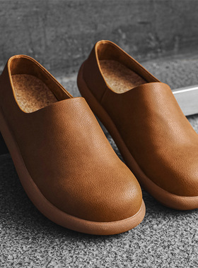 夏季新款一脚蹬豆豆鞋皮面休闲复古勃肯鞋包头懒人男士乐福鞋5013