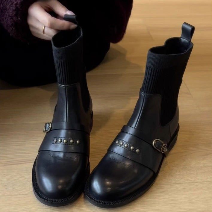 ~真皮复古铆钉皮带扣弹力瘦瘦靴女百搭黑色袜靴短靴马丁靴,女鞋,弹力靴/袜靴,淘宝优惠券,粉丝福利购,淘宝优惠卷
