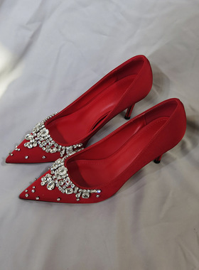巨好看新娘红色婚鞋秀禾服敬酒高跟鞋女2026新款细跟链条水钻单鞋