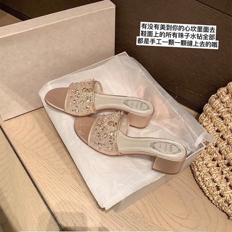 【葡妈同款】限量水晶拖~网纱水钻一字粗跟拖鞋女凉拖晚宴外穿