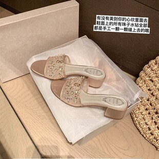 网纱水钻一字粗跟拖鞋 限量水晶拖 女凉拖晚宴外穿 葡萄妈同款
