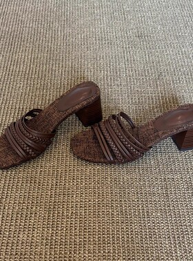 羊皮版~复古时尚真皮编织一字拖鞋女百搭配裙子方头粗跟凉拖鞋夏