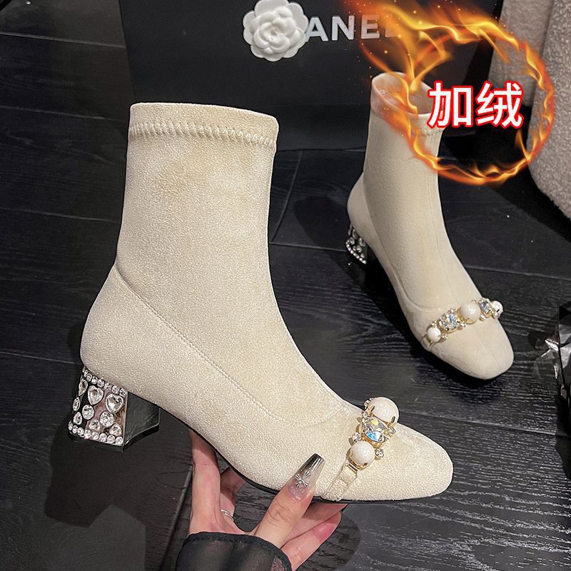 显瘦短靴女2025新款秋冬水钻甜美粗跟洋气高跟弹力瘦瘦靴马丁靴子