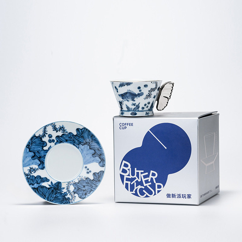景德镇中古风咖啡拿铁拉花杯中复古下午茶杯芬兰蓝色陶瓷下午茶杯