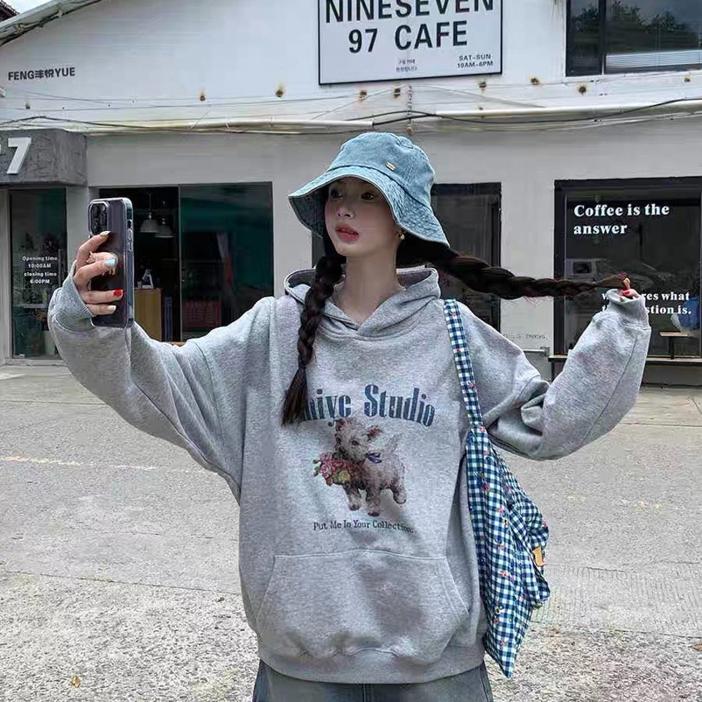 森女带帽上衣服帽衫日系打底衫运动休闲高街头连帽卫衣女装印花薄