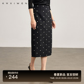 佧茜文复古波点半身裙2026春季 气质银丝绣花高腰直筒裙女 新款