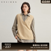 佧茜文100%羊毛简约马甲2026春季 气质通勤罗纹针织V领上衣女 新款