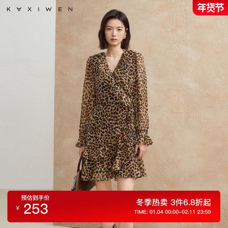 佧茜文摩登豹纹连衣裙2025秋季新款时尚V领印花荷叶边拼接长裙女,女装/女士精品,连衣裙,淘宝优惠券,粉丝福利购,淘宝优惠卷