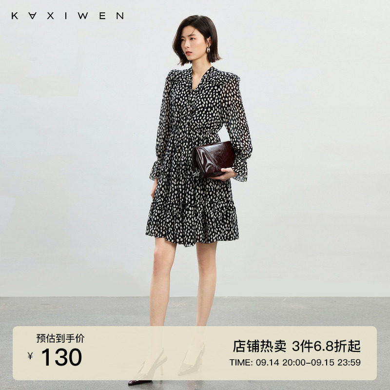 佧茜文时尚优雅波点印花长连衣裙图片