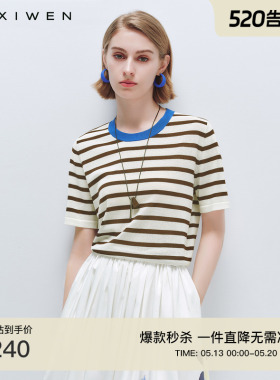 【简序夏风】佧茜文棉质条纹针织衫2026夏季新款简约蓝色撞色小衫