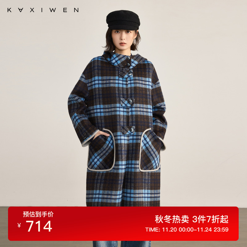 佧茜文学院MIU系羊毛呢大衣2025冬季新款百搭撞色格纹连帽外套
