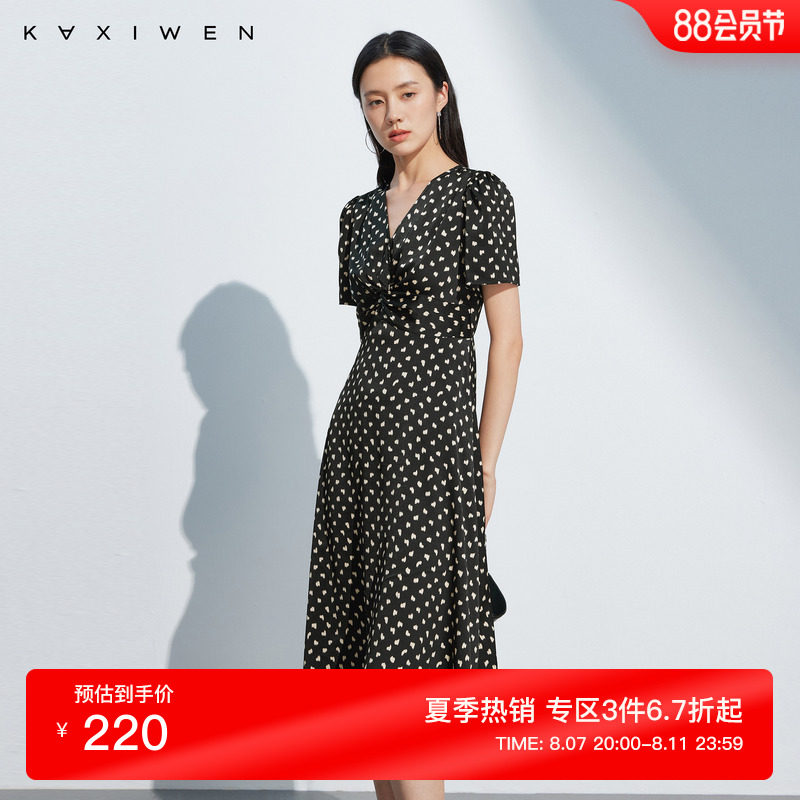 佧茜文浪漫复古连衣裙2024夏季新款女装v领优雅波点褶皱中长裙