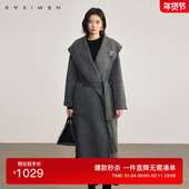 佧茜文翻领羊驼毛大衣2025冬季 新款 知性风简约宽松腰间系带外套