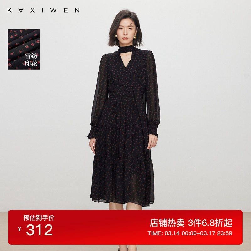 佧茜文浪漫雪纺碎花连衣裙潮流秋季新款V领系带中长款蛋糕裙女