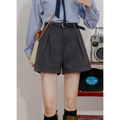 外穿呢子休闲裤 六条猫studio毛呢阔腿短裤 女高腰宽松百搭A字裤 春