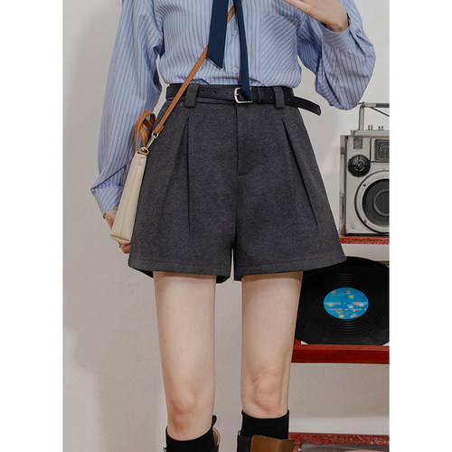 宽松高腰毛呢百搭休闲短裤