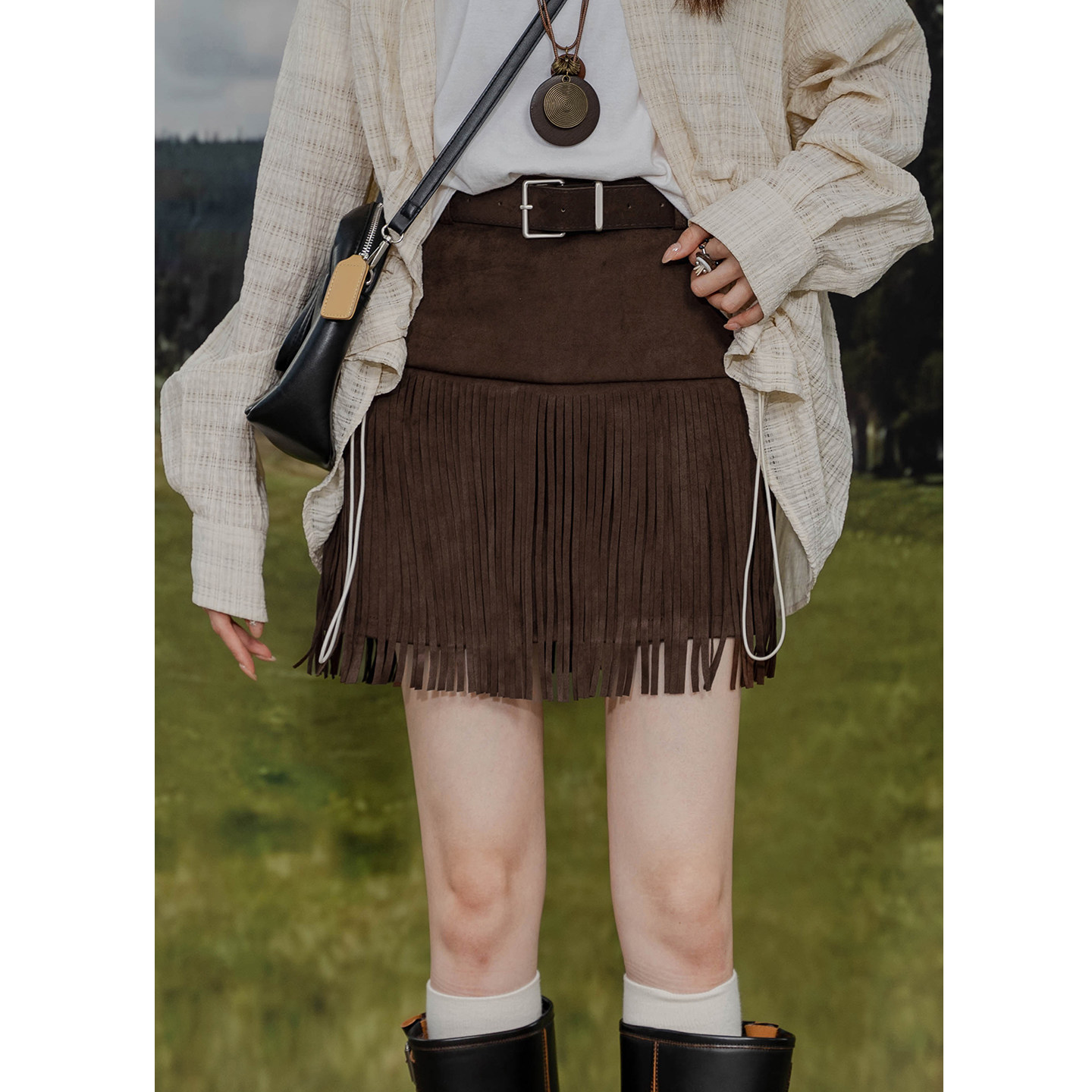 设计感流苏半身裙女复古麂皮绒高腰百搭修身拼接显瘦休闲A字短裙