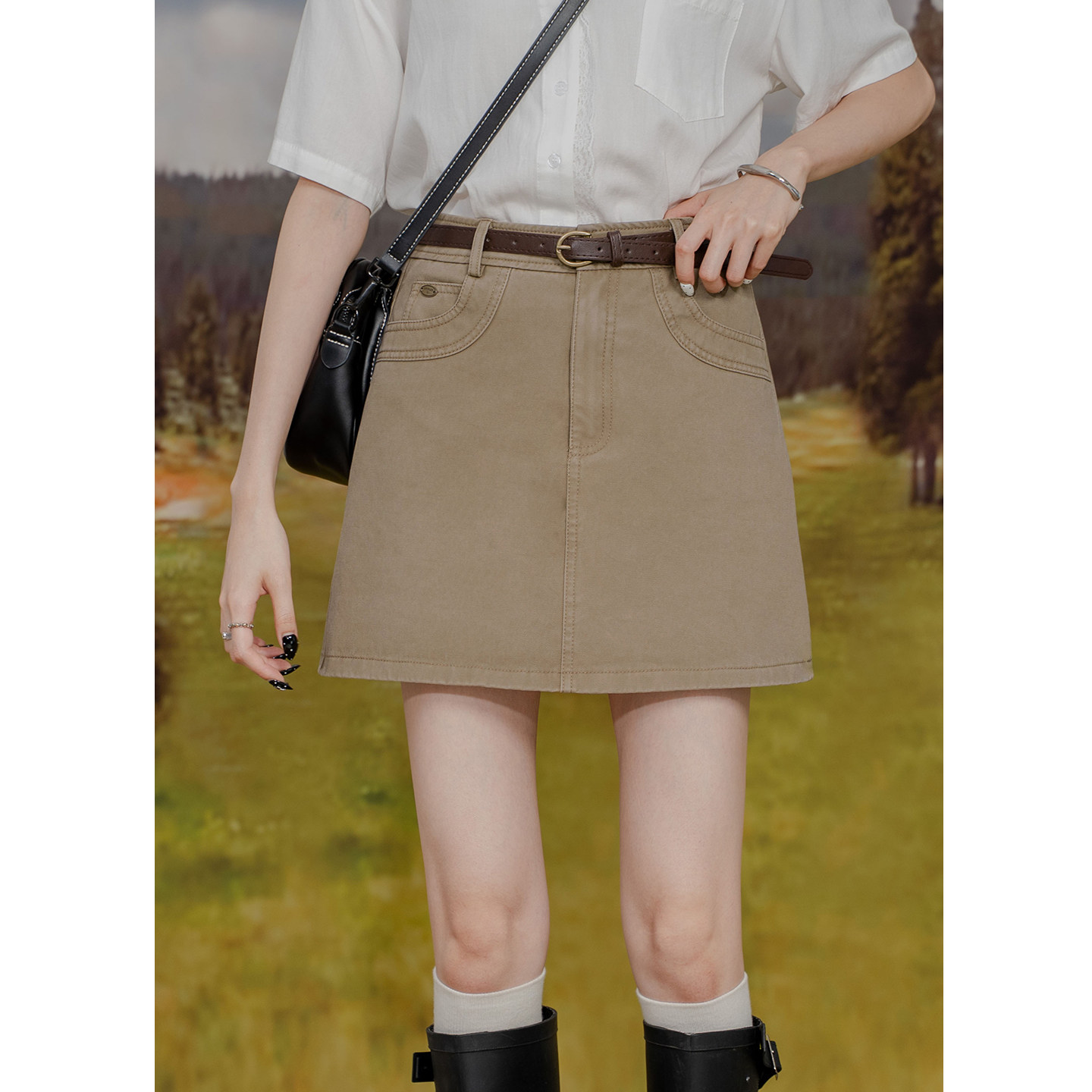 高腰牛仔短裙女防走光内衬显瘦百搭休闲复古vintage包臀A字半身裙