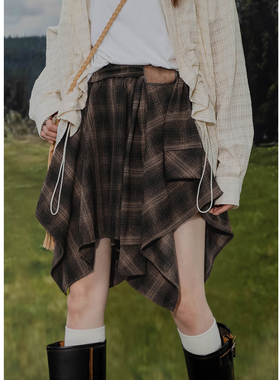 设计感不规则格子毛呢半身裙小众绑带防光内衬做旧百搭街头A字裙