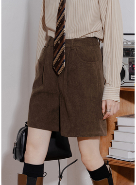 灯芯绒高腰五分裤女秋季不对称宽松直筒中裤百搭条绒休闲短裤潮