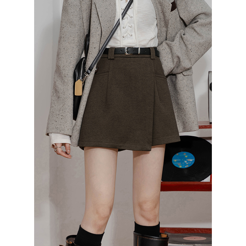 设计感毛呢裙裤女假两件防走光A字半身短裙高腰不对称内衬短裤