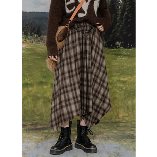 复古格子毛呢半身裙女设计感不规则松紧高腰A字显瘦百搭中长裙秋