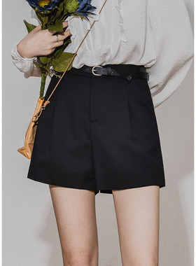 高腰西装短裤女秋季新款chic不对称宽松显瘦百搭休闲A字阔腿裤黑