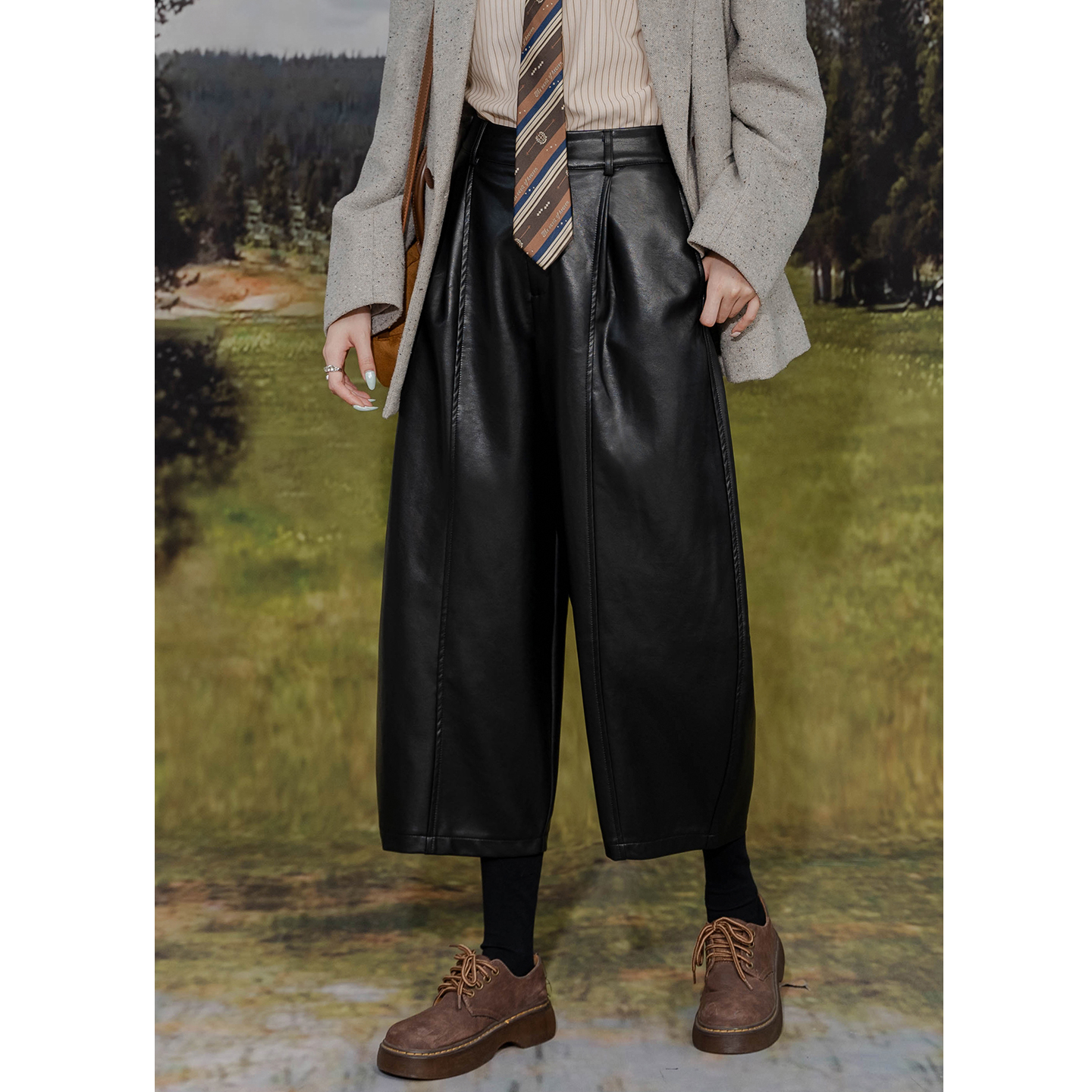 复古PU皮阔腿裤九分气球裤奶奶裤