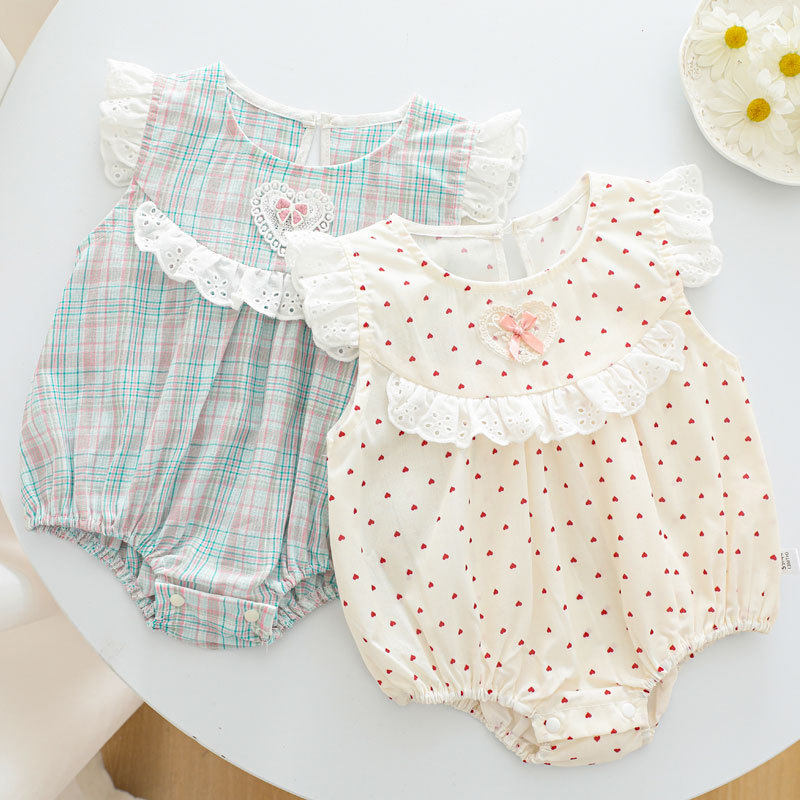 夏季薄款纯棉布女宝宝哈衣爬服三角包屁衣薄款新生儿衣服格子潮