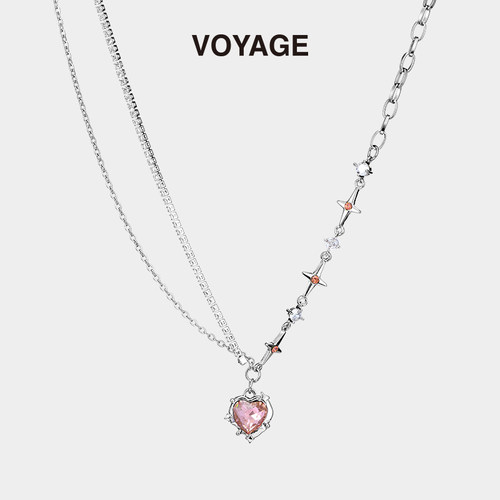VOYAGE粉色爱心四芒星吊坠项链女