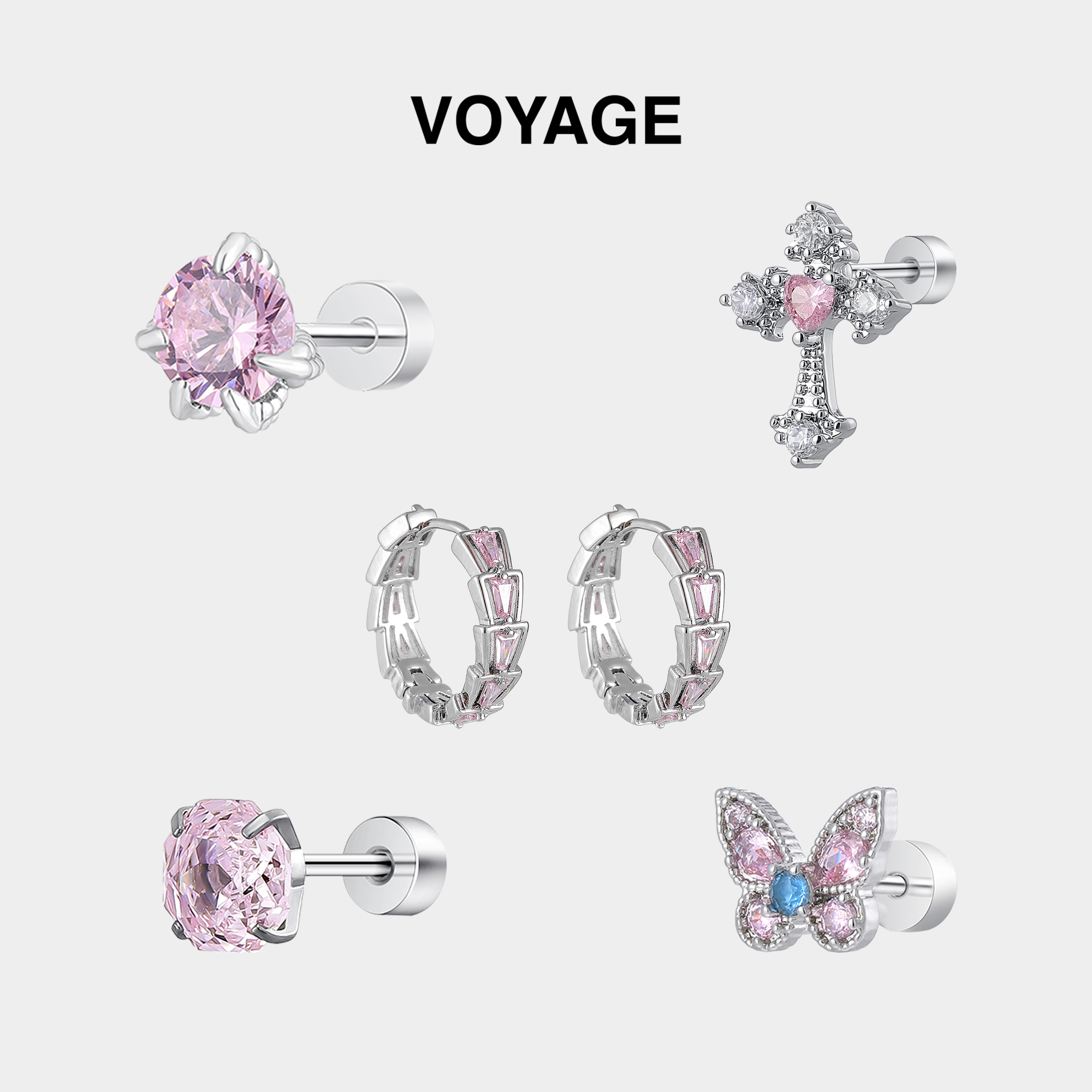 粉色箭头耳环女锆石耳扣圈圈耳钉